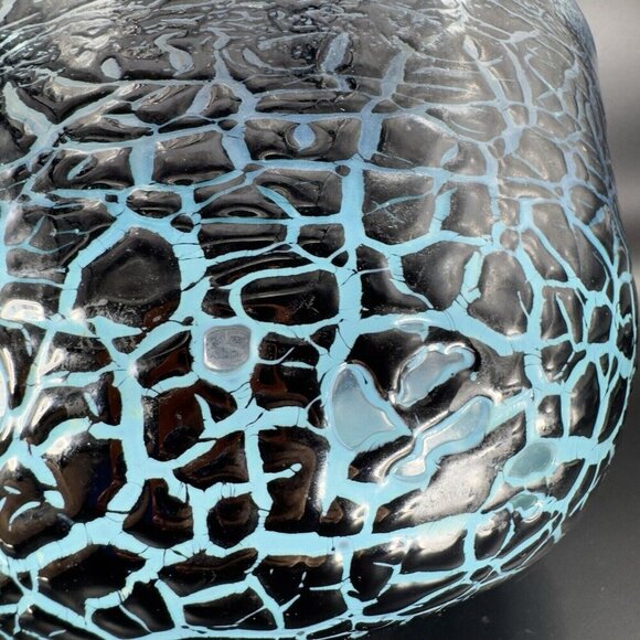 1987 Hand Blown Art Glass Large Bowl Dish Lava Glaze Finish Blue Black Signed - Picture 12 of 16